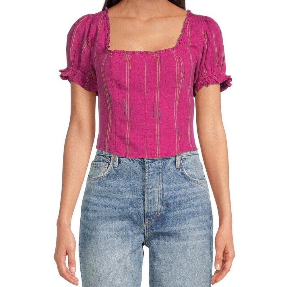 Free People Top Pink Stripes Crop Blouse Short Puff Sleeve Square Neck Smocked M